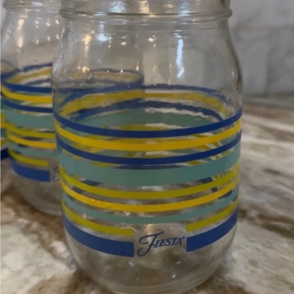 Fiesta Stripes Mason Jar Drinking Glasses Blue Yellow Aqua Fiesta Logo Set of 4